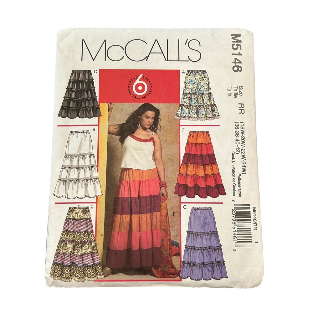 McCall's M5146 Tiered Ruffle Skirt Sewing Pattern Plus Size 18W-24W Boho NEW